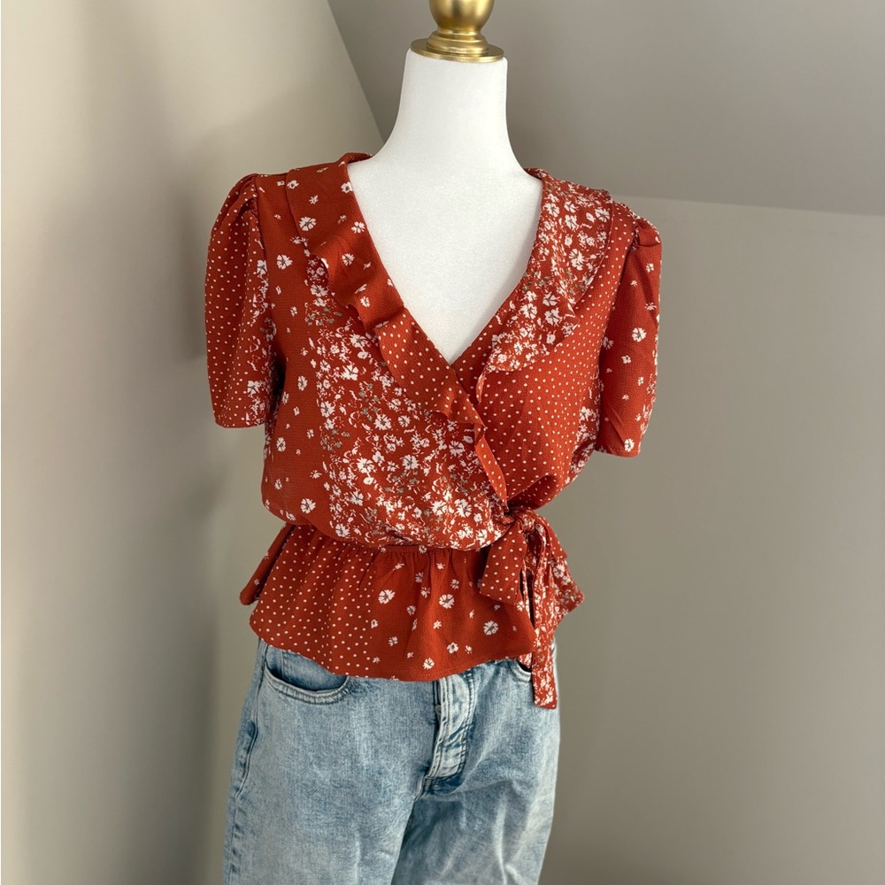 mine Rust Floral & Dot Wrap Blouse